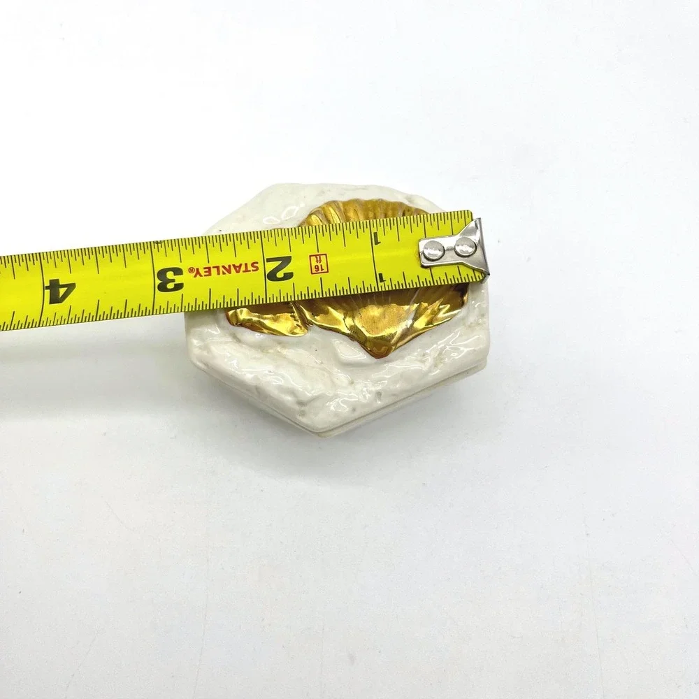 Vintage Gold Shell Ceramic Trinket Box White‎ Hexagon Coastal Jewelry Dish